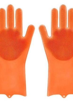 Силіконові рукавички для миття та чищення magic silicone gloves з ворсом помаранчеві1 фото