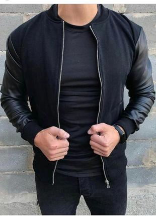 Бомбер мужской с кожаными рукавами куртка мужская приталенная весенняя осенняя летняя gl черная3 фото