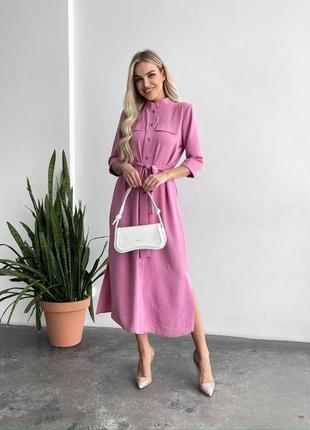 Женское стильное повседневное платье с поясом легкое летнее в розовом цвете ткань креп жатка длина миди5 фото