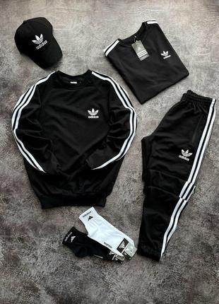 Мужской спортивный костюм adidas черный комплект адидас свитшот + штаны + футболка + кепка (b)
