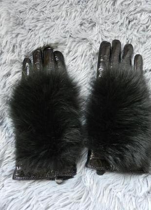 ✅ перчатки лак зима размер 6-6.5 украшены натуральным мехом песец