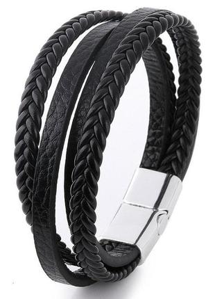 Мужской кожаный браслет primo rope 20.5 с магнитной застежкой - silver