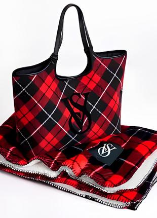 Набір сумка + плед victoria's secret plaid tote + cozy blanket red