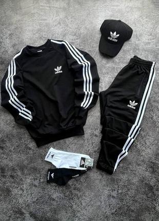 Мужской спортивный костюм adidas черный с белым комплект адидас свитшот + штаны + кепка (b)