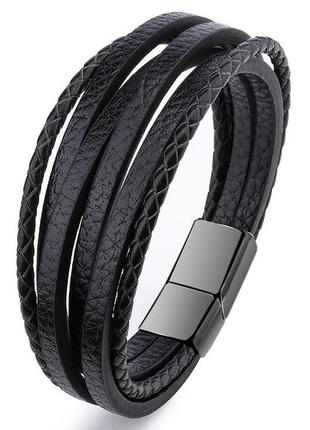 Мужской кожаный браслет primo rope style 20.5 с магнитной застежкой - black