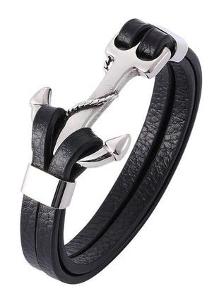 Мужской кожаный браслет primo rope anchor с застежкой якорь - black
