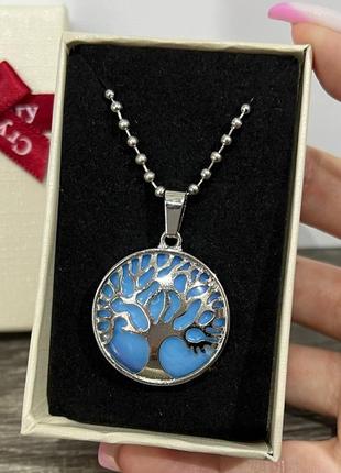 Натуральный лунный камень в оправе "древо жизни" на цепочке - оригинальный подарок парню, девушке в коробочке