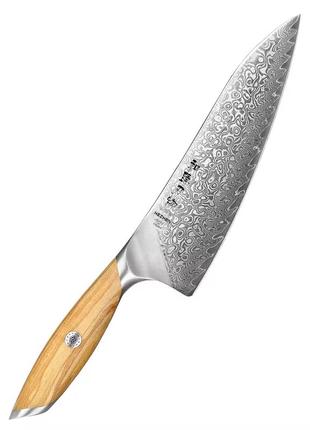 Кухонный шеф нож из дамасской стали серии "flagship" olive wood hezhen2 фото