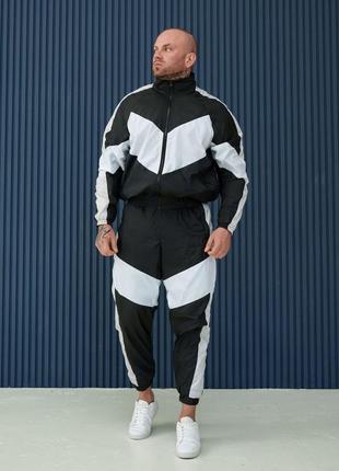 Чоловічий спортивний костюм із плащовки чорний з білим вітровка + штани весняний (b)
