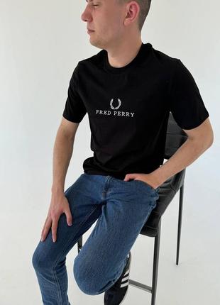 Мужская футболка fred perry черная на лето логотим вышивка фред перри (b)