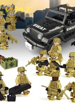 Фигурки военные спецназ swat в песочном камуфляже 12 солдатов с собакой и джип