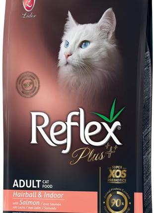 Reflex plus сухий корм для котів, які живуть у приміщені та виведення шерсті з лососем 15 кг1 фото
