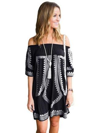 Black bohemian vibe geometric print off the shoulder beach dress