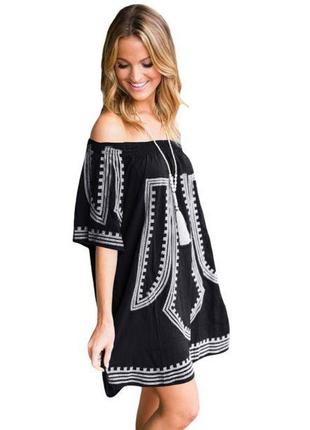 Black bohemian vibe geometric print off the shoulder beach dress2 фото