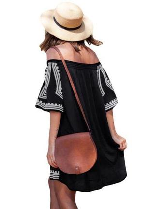 Black bohemian vibe geometric print off the shoulder beach dress3 фото