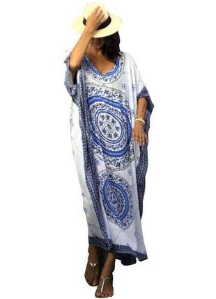 Blue bohemian print kaftan maxi dress3 фото