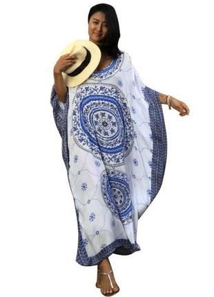 Blue bohemian print kaftan maxi dress1 фото