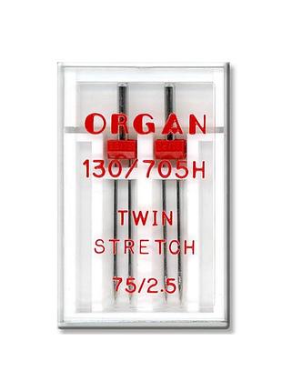 Голки швейні подвійні для трикотажу organ twin stretch №75/2,5 пластиковий бокс 2 штуки для побутових швейних машин