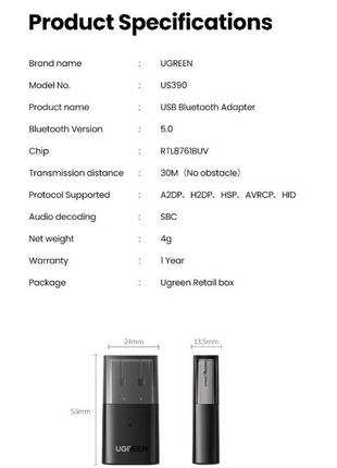 Bluetooth-адаптер ugreen usb bluetooth 5.0 передатчик для компьютера, ноутбука black (us390)10 фото