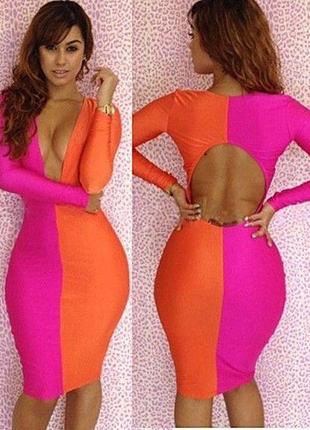Двухцветное платье розово-оранжевой расцветки1 фото