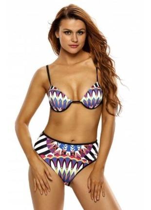 Multicolor tribal print 2pcs high waist swimsuit