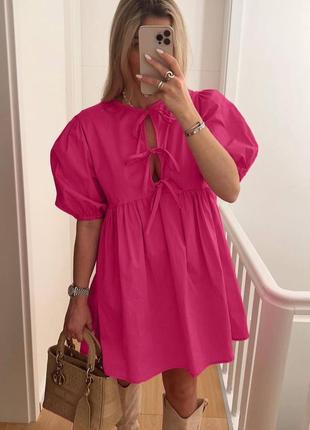 Малиновое, розовое короткое платье из коттона1 фото