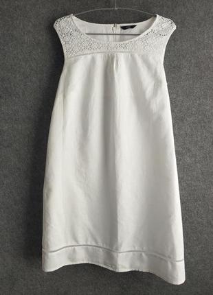 Белое нарядное платье из смесового льна с декором из плетеного кружева 48-50 размера5 фото