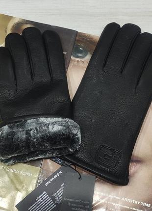 Мужские зимние кожаные перчатки из оленьей кожи, подкладка мех black1 фото