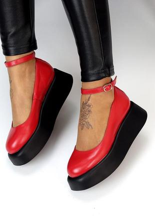 Красные женские туфли на танкетке высокой подошве утолщенной из натуральной кожи кожаные туфли2 фото