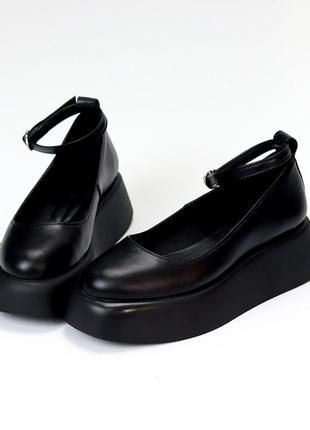 Черные женские туфли на танкетке высокой подошве утолщенной из натуральной кожи кожаные туфли3 фото