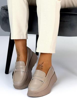 Бежевые моко женские лоферы мокасины туфли на высокой подошве утолщенной из натуральной кожи кожаные лоферы мокасины10 фото