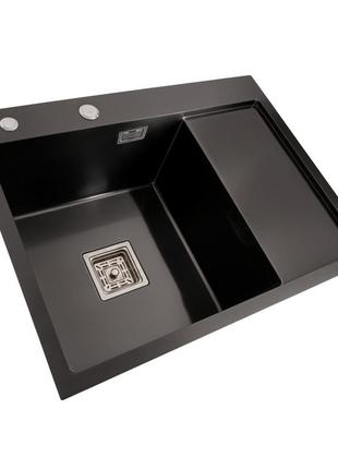 Кухонна мийка чорна platinum pvd handmade 65*50 l(квадратний сифон 3,0/1)