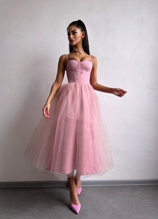 Пудрова лялькова вечірня сукня міді з корсетом та чашкою пуш ап і фатиновою спідницею xs s m l рожева лялькова святкова сукня/плаття