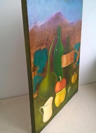 Натюрморт маслом с винными бутылками и овощами на фоне гор и озер, холст на подрамнике, 50*40 см3 фото