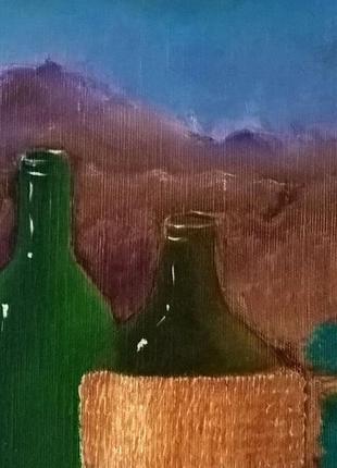 Натюрморт олією з винними пляшками і овочами на тлі гір і озер, полотно на підрамнику, 50 * 40 см4 фото