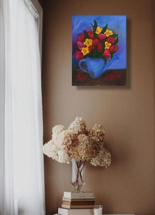 Натюрморт з весняними квітами. оригінальна картина олією на підрамнику, 45х35 см.7 фото