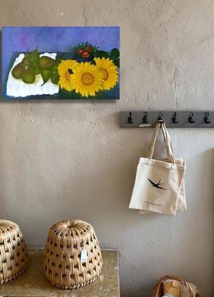 Натюрморт з грушами та квітами соняхів. оригінальна картина олією на підрамнику, 40х65 см.8 фото