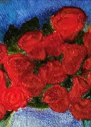 Картина олією букет червоних троянд в вазі, полотно на підрамнику, 40*20 см9 фото