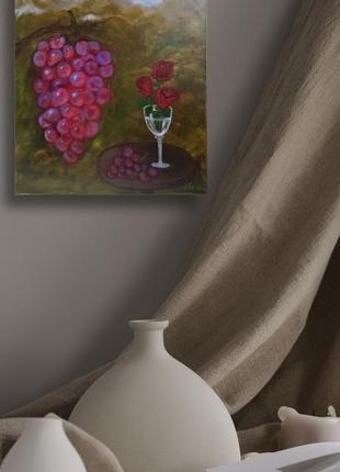 Натюрморт маслом гроздь винограда розы в бокале, холст на подрамнике, 50*40 см3 фото