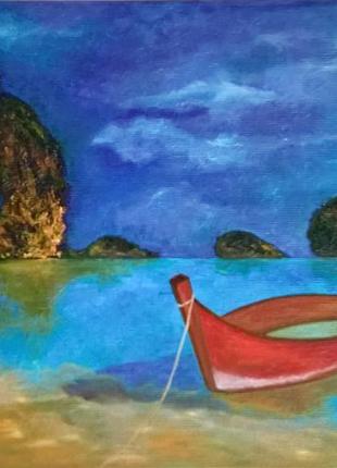 Картина олією  морський пейзаж з човном, полотно на підрамнику, 45 * 65 см