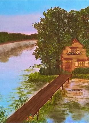 Картина маслом  пейзаж с озером, холст на подрамнике, 40*55 см