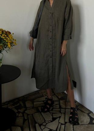Льняна подовжена сорочка хакі xs s m l легке плаття максі з натурального льону колір оливка преміум сегмент 42 44 46 48