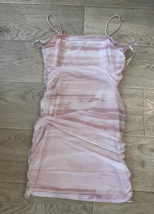 Платье мини, сетка, драпировка, розовое5 фото