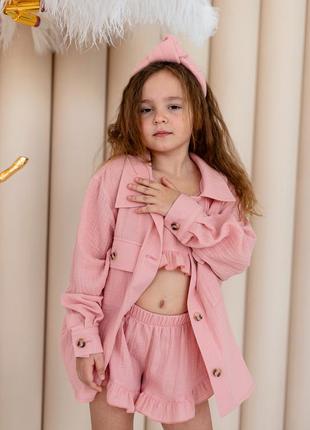 Костюм - тройка детский подростковый, с шортами, натуральный, топ, рубашка, шорты муслиновый, пудра