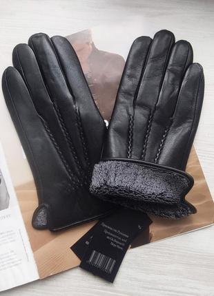 Кожаные мужские перчатки румыния, подкладка махра black