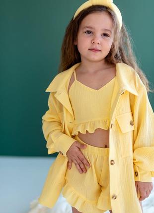 Костюм — трійка дитячий підлітковий, із шортами, натуральний, топ, сорочка, шорти мусліновий, жовтий