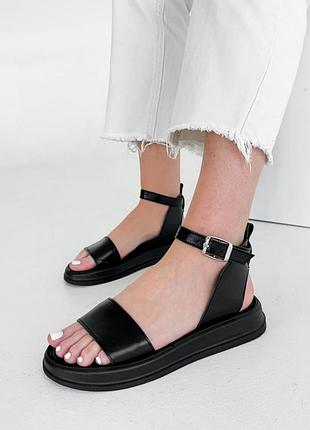 Черные женские босоножки на утолщенной подошве из натуральной кожи кожаные босоножки
