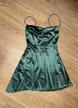 Атласна сатинова сукня коктейльна плаття zara атласное платье изумрудное2 фото