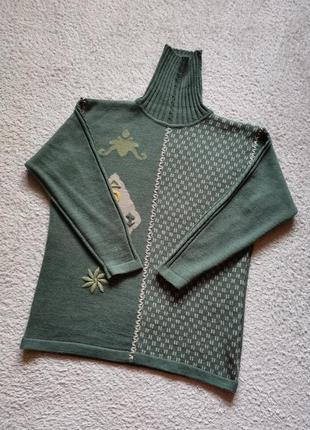 Свитер с высокой горловиной шерсть винтаж свободный шерстяной длинный гольф в стиле этно с вышивкой yorn