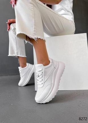Белые натуральные кожаные кроссовки со с сквозной перфорацией на толстой подошве кожа10 фото